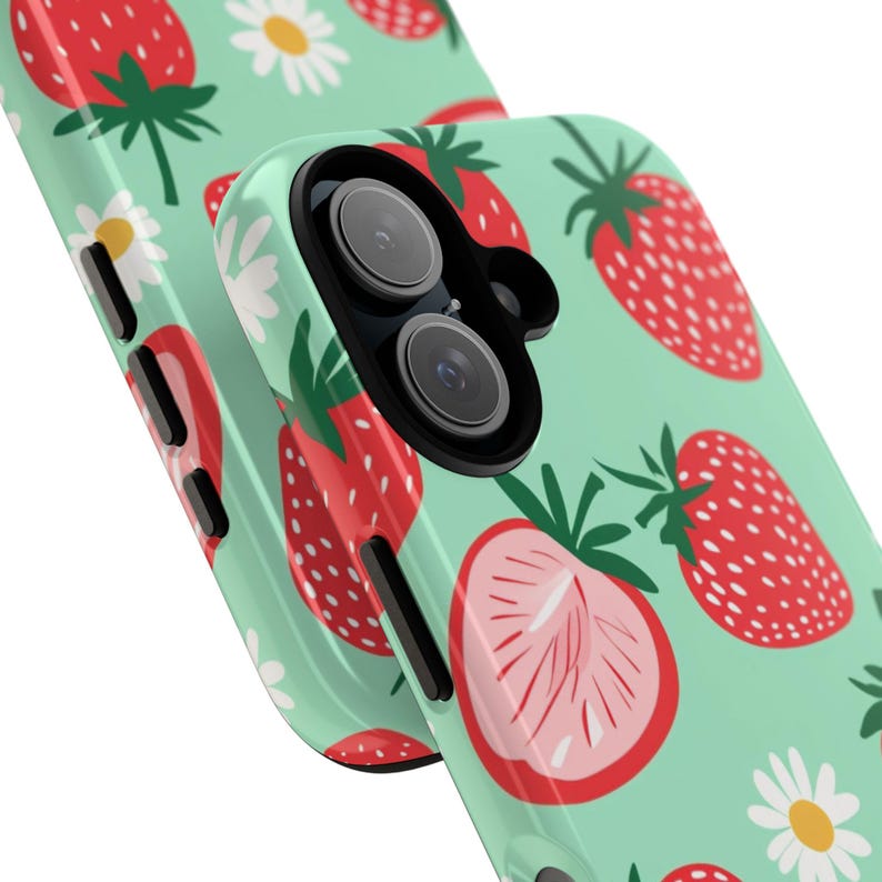 Strawberry Phone Case | Cute Fruit and Daisy Pattern Tough Case, Mint Green Cottagecore iPhone Samsung Cover, Gift for Her image 3