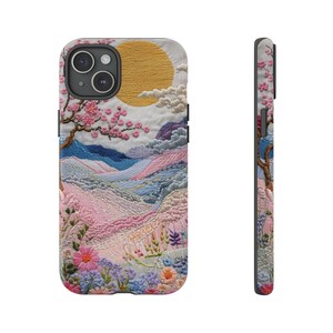 Capa para celular com paisagem bordada | Capa resistente em tons pastel de pôr do sol com cerejeiras em flor, arte japonesa, capa para iPhone e Samsung, presente para ela imagem 7