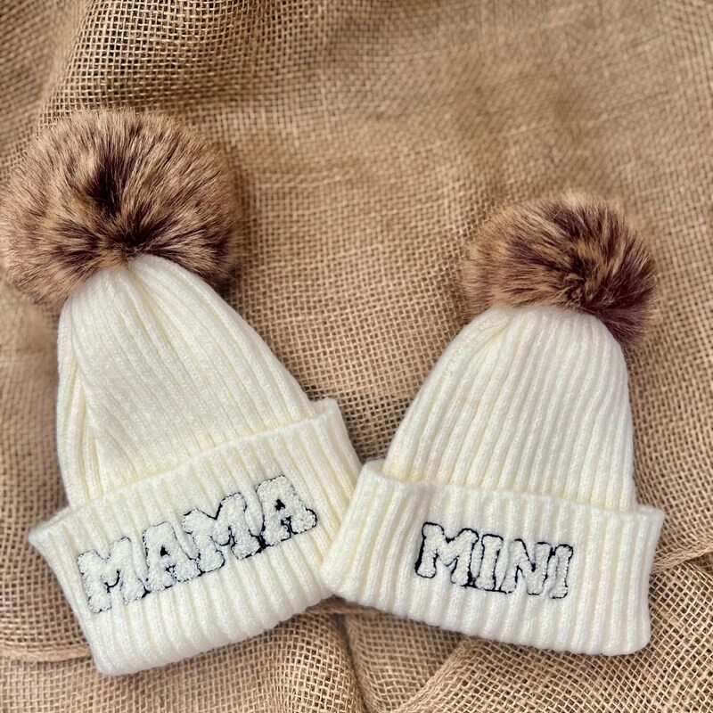 Mommy and Me Matching Hats Set – Red Stripe Pom Pom Beanie – Winter Hat main image 1