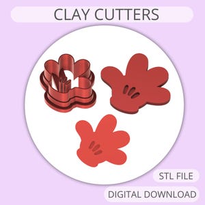 May include: Three red plastic clay cutters shaped like a hand with four fingers and a thumb. The cutters are for making cookies, fondant, or other crafts. STL FILE DIGITAL DOWNLOAD is written in white text on a black rectangle at the bottom of the image.