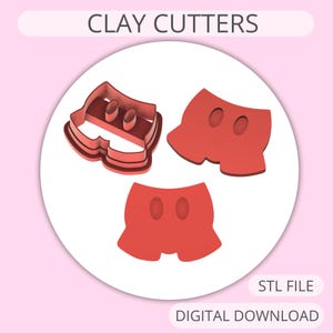 May include: Three red plastic clay cutters shaped like shorts with two buttons. The cutters are for making fondant or polymer clay decorations. STL FILE DIGITAL DOWNLOAD is written in white text on a pink background.