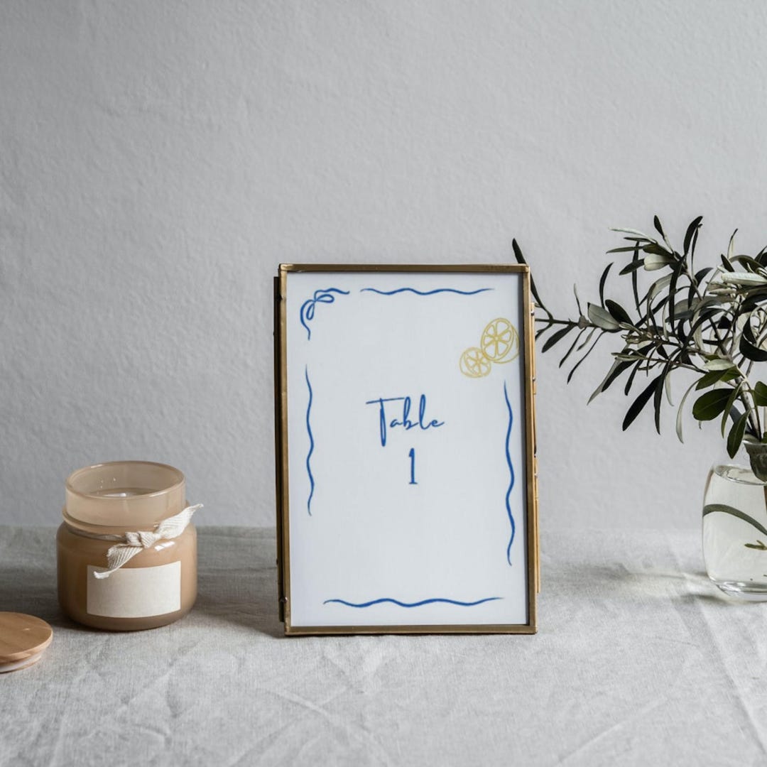 Italian Inspired Table Numbers, Positano, Blue and Yellow, Lemons, Bow ...