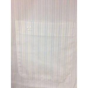 May include: A white button-down shirt featuring a subtle vertical pinstripe pattern in light blue and tan. The shirt includes a single chest pocket with a small, white embroidered logo detail positioned on the upper left corner of the pocket.