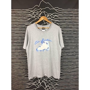 Peut inclure: T-shirt gris avec un motif de chaussure de basket-ball blanche et bleue et l'inscription "Air Jordan" en bleu. Le t-shirt est suspendu &agrave; un cintre en bois sur un fond &agrave; rayures noires et blanches.