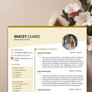 Może przedstawiać: Życiorys Macey Cuako, Analityka Danych w FAZON. Zawiera dane kontaktowe, wykształcenie i doświadczenie zawodowe. Projekt zawiera zdjęcie i dekoracje kwiatowe.
