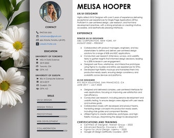 Peut inclure: Un curriculum vitae pour Melisa Hooper, UX/UI Designer. Le document comprend les coordonnées, l'éducation de l'Université de Toronto et de l'Université de Guelph, et les compétences en conception UX/UI, outils de conception, prototypage, développement web et collaboration. L'expérience comprend Senior UX/UI Designer et UI/UX Designer.