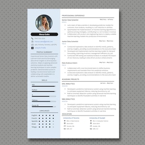 Könnte beinhalten: Ein professioneller Lebenslauf für Macey Cuako, eine Senior Data Scientist. Der Lebenslauf hebt Erfahrungen in Datenanalyse, maschinellem Lernen und Teamleitung hervor. Fähigkeiten umfassen SQL, Python, Tableau und Power BI. Sprachen sind Englisch, Französisch, Spanisch, Hindi und Telugu.