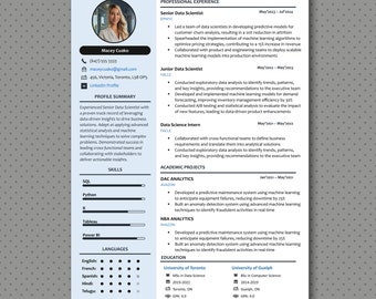 Peut inclure: Un curriculum vitae professionnel pour Macey Cuako, une Senior Data Scientist. Le CV met en évidence l'expérience en analyse de données, apprentissage automatique et leadership d'équipe. Compétences : SQL, Python, Tableau et Power BI. Langues : anglais, français, espagnol, hindi et télougou.