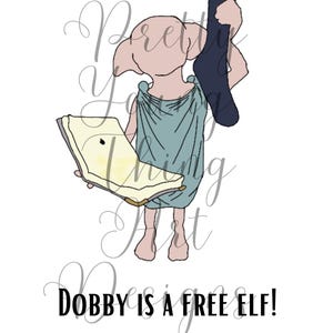 Może przedstawiać: Kreskówkowa ilustracja przedstawiająca Dobby'ego, domowego elfa, trzymającego książkę i skarpetkę. Pod obrazkiem widnieje napis "Dobby jest wolnym elfem!"
