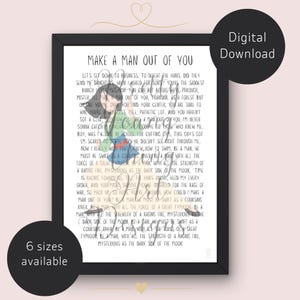 May include: A framed digital print featuring the lyrics to Make a Man Out of You in black text on a white background. A faint illustration of a character in a green and blue outfit is centered behind the text. A black circle states Digital Download.