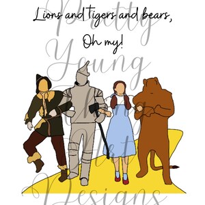 Puede incluir: Ilustración con personajes de El Mago de Oz: Espantapájaros, Hombre de Hojalata, Dorothy y León. El texto "Lions and tigers and bears, Oh my!" está encima de los personajes. La imagen está sobre un fondo blanco con un camino amarillo.