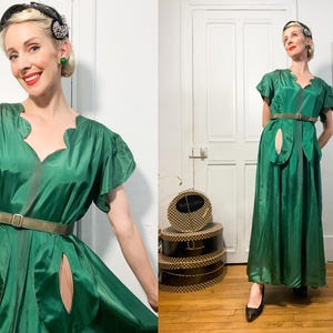 1940s Green Taffeta Evening Dress / 40s Ball Gown with Belt