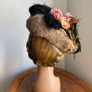 1950s Faux Fur Mini Hat with Feathers and Flowers / 50s Brown Floral Cap