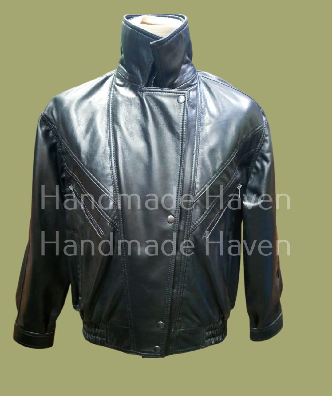 Handmade Leather Double Collar Men Jacket Lambskin Brand New Black