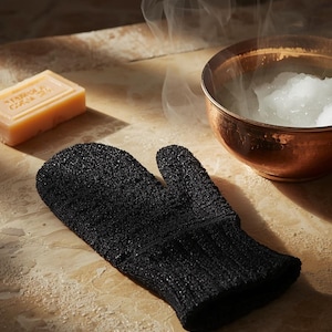 May include: A black exfoliating mitt with a thumb and four fingers, next to a bar of soap and a copper bowl with white foam. The mitt is made of a textured, possibly woven material. Steam rises from the bowl, suggesting a spa or bath theme.