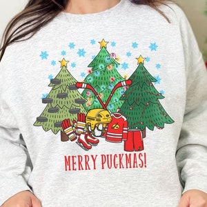 Funny Christmas Tree Hockey Lover Sweatshirt, Merry Puckmas Hockey Sweater, Hockey Mom Sweatshirt Gift, Ice Hockey Christmas Sweater