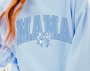 Blue Toile Mama Sweatshirt: Coquette Bow Comfort Colors Top
