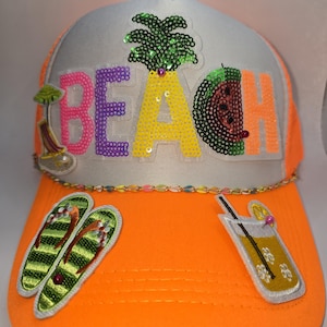 Cute Sequin Beach Neon Trucker Hat For Her, Gift For Mom, Trendy Summer Accessory, One Of A Kind Gift for Women, Perfect for Beachy Days