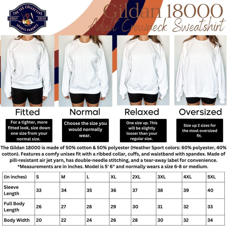 May include: A size chart for Gildan 18000 adult crewneck sweatshirts. The chart shows the measurements in inches for sleeve length, full body length, and body width for sizes S through 5XL. The chart also includes descriptions of the fit for each size: fitted, normal, relaxed, and oversized.