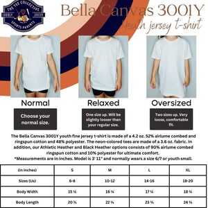 May include: Bella Canvas 3001Y youth fine jersey t-shirt size chart. The chart shows the measurements in inches for sizes 6-8, 10-12, 14-16, and 18-20. The chart includes body width and body length measurements.