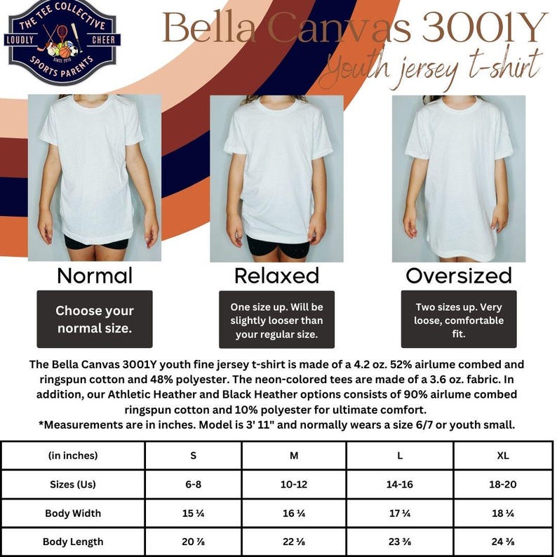 May include: Bella Canvas 3001Y youth fine jersey t-shirt size chart. The chart shows the measurements in inches for sizes 6-8, 10-12, 14-16, and 18-20. The chart includes body width and body length measurements.