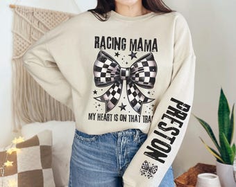 Personalized Racing My Heart Is On That Track Sweatshirt, Race Day Vibes, Moto Mama Shirt, Race Mom Crewneck, Motocross Mom Sweatshirt