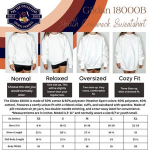 May include: A size chart for Gildan 18000B Youth Crewneck Sweatshirts. The chart shows the measurements in inches for sizes XS, S, M, L, and XL. The chart also includes information about the fit of the sweatshirt, which can be normal, relaxed, oversized, or cozy.