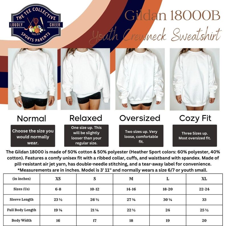 May include: A size chart for Gildan 18000B Youth Crewneck Sweatshirts. The chart shows the measurements in inches for sizes XS, S, M, L, and XL. The chart also includes information about the fit of the sweatshirt, which can be normal, relaxed, oversized, or cozy.