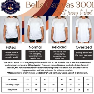 May include: Size chart for Bella Canvas 3001 adult jersey t-shirts. The chart shows measurements in inches for XS, S, M, L, XL, 2XL, 3XL, and 4XL sizes. The chart includes measurements for full body length and body width.