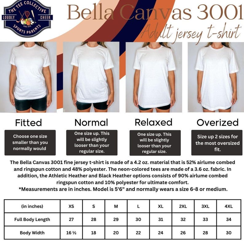 May include: Size chart for Bella Canvas 3001 adult jersey t-shirts. The chart shows measurements in inches for XS, S, M, L, XL, 2XL, 3XL, and 4XL sizes. The chart includes measurements for full body length and body width.