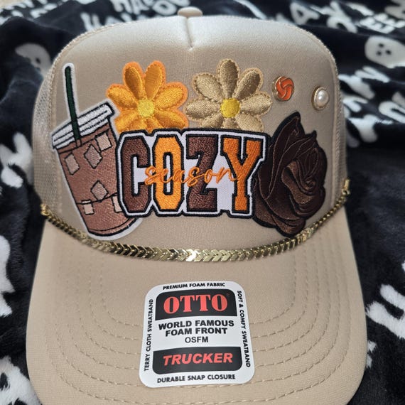 Cozy Fall Trucker Hat, Fall Vibes Hat, Cute Trucker Hats, Khaki Foam/Mesh back Trucker Hat, Pumpkin Spice Autumn Hat