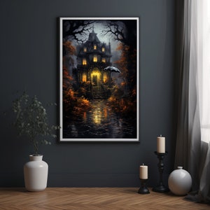Spooky Ghost Holding an Umbrella in Rain Art Print | Fantasy
