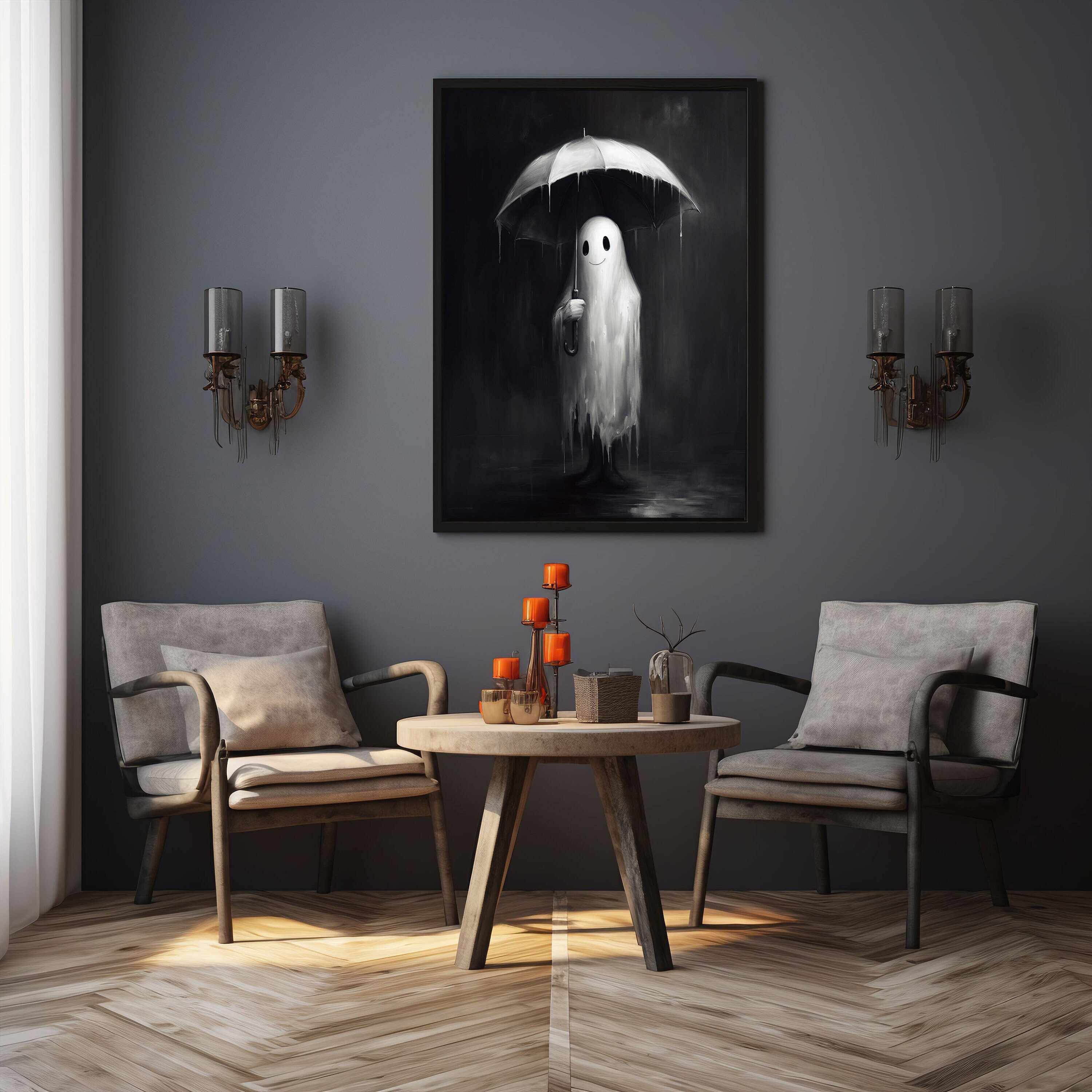 Spooky Ghost Holding an Umbrella in Rain Art Print | Fantasy