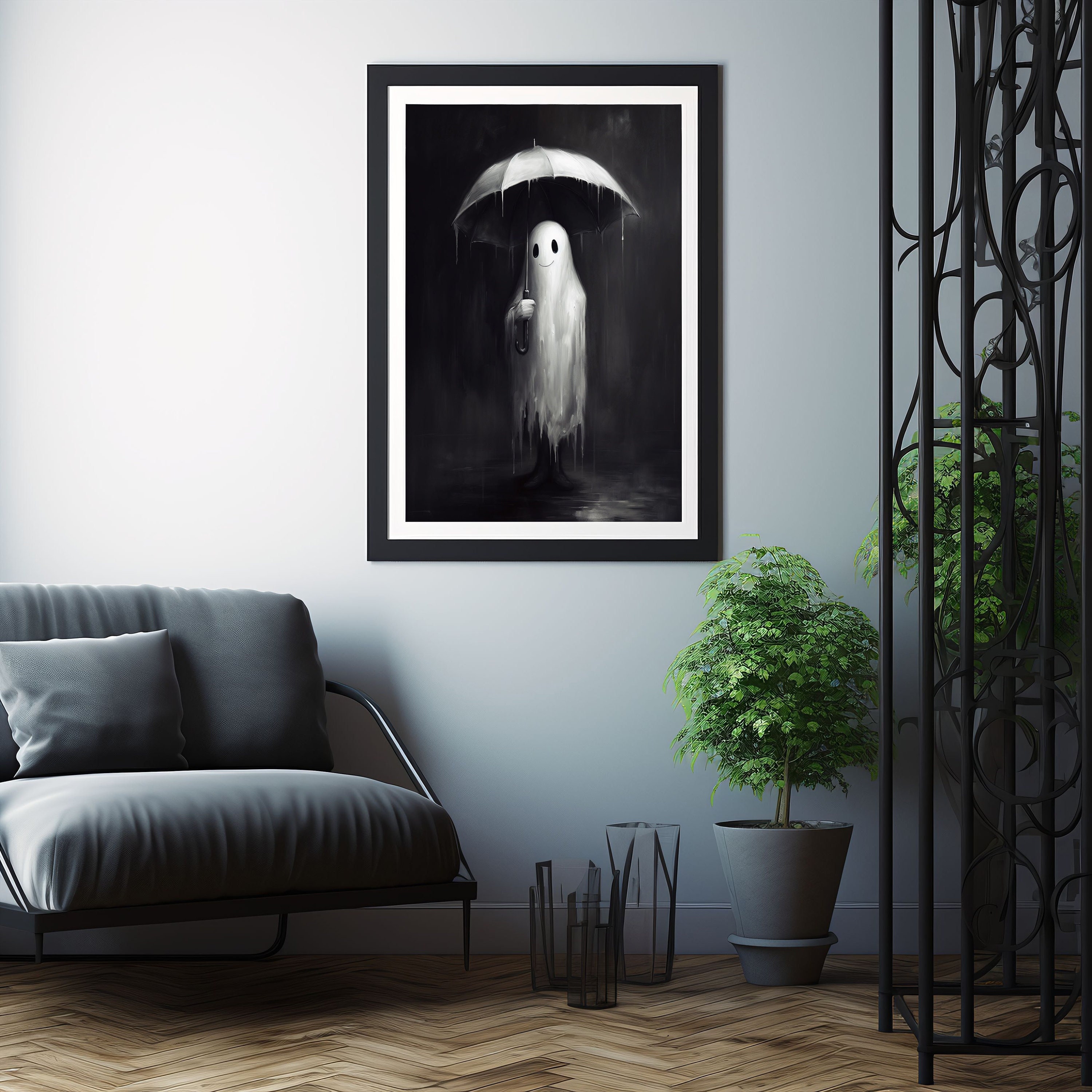 スポーツストア Spooky Ghost Holding an Umbrella in Rain Art Print | Fantasy 画材