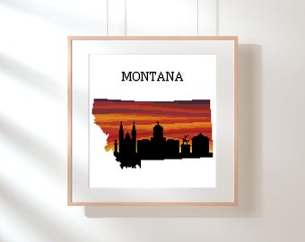 May include: A black and white silhouette of the state of Montana with a sunset sky and the word "MONTANA" in black text at the top.