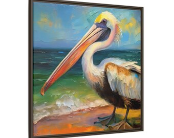 Pelican Bird Oil Painting: Framed Coastal Wall Art