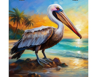 Pelican Bird Oil Painting Print: Coastal Wall Art