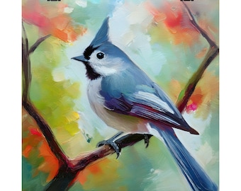 Tufted Titmouse Oil Painting Wall Art Print, Nature Decor, Vintage Style Artwork