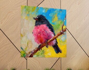 Pink Robin Bird Oil Painting Print | Australian Bird Art