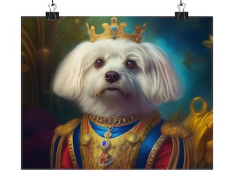 Impresión artística de retrato renacentista de perro maltés: elegante decoración de pared para mascotas