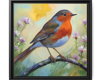 American Robin Framed Canvas Print: Botanical Bird Art, Nature Wall Decor