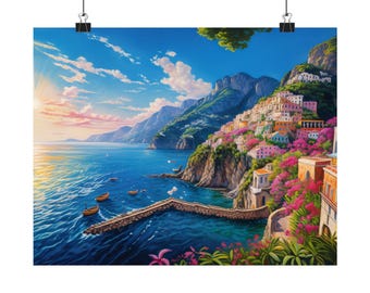 Print Amalfikust, Italië: muurkunst kustlandschap