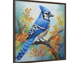 Blue Jay Bird Oil Painting: Framed Canvas Giclée Print, Nature Wall Art