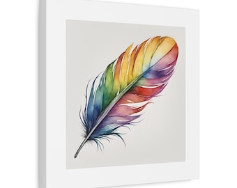 Rainbow Single Feather Watercolor Canvas Wall Art | Wall Print