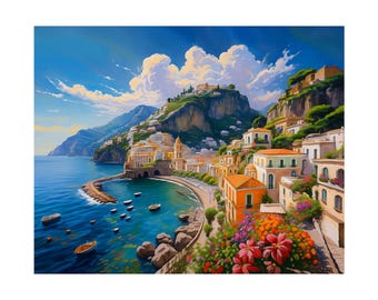 Schilderij print Amalfikust, Italië: muurkunst kustlandschap