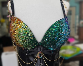 Rainbow Rhinestone Corset Bra: Handmade Ombre Rave Top, Peacock Costume