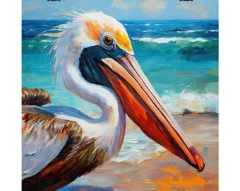 Pelican Bird Oil Painting Giclée Print: Coastal Wall Art