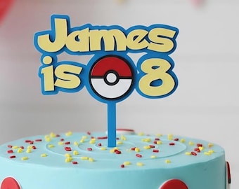 Décoration de gâteau d'anniversaire 3D acrylique sur mesure inspirée des boules Pokémon, nom personnalisé/âge Smash
