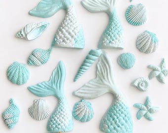 Fondant comestible queues de sirène et coquillages pour gâteaux | Décorations de fête océan