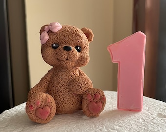 Décoration de gâteau ours en peluche fondant | Noeud rose, décoration numérique